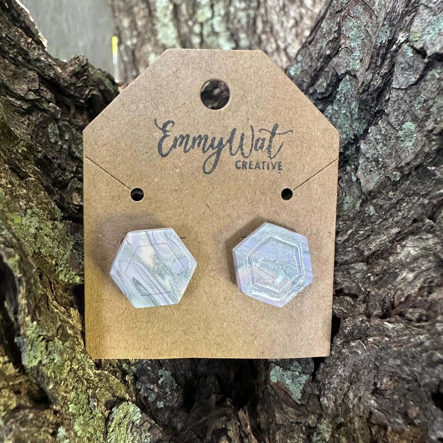 Silver Marble Swirl Hexagon Studs