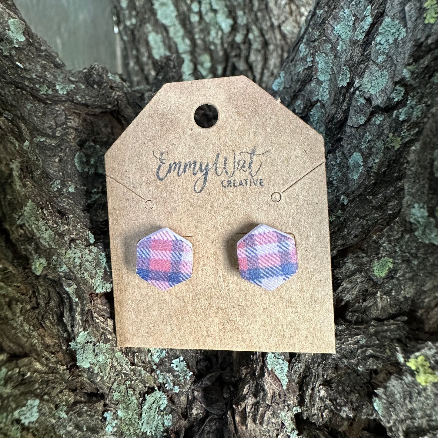 Neutral Plaid Hexagon Stud