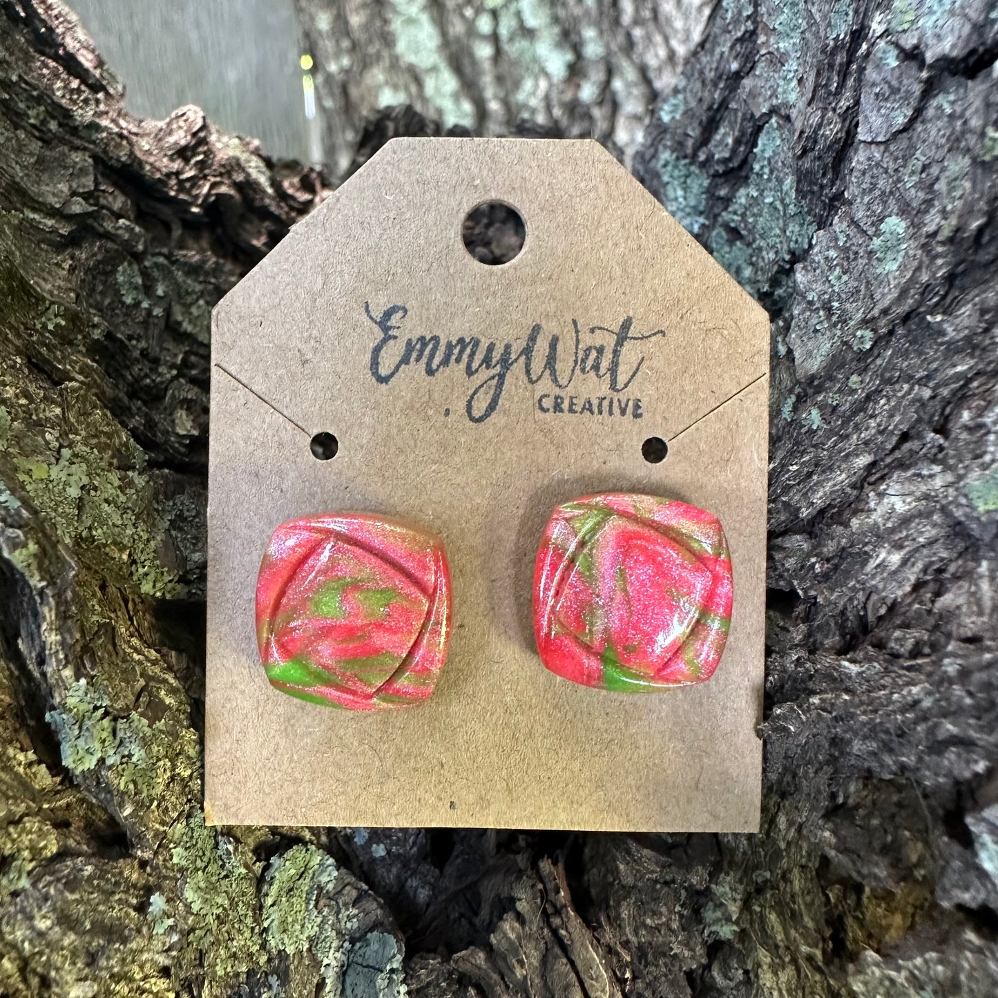 Pink & Green Square Studs