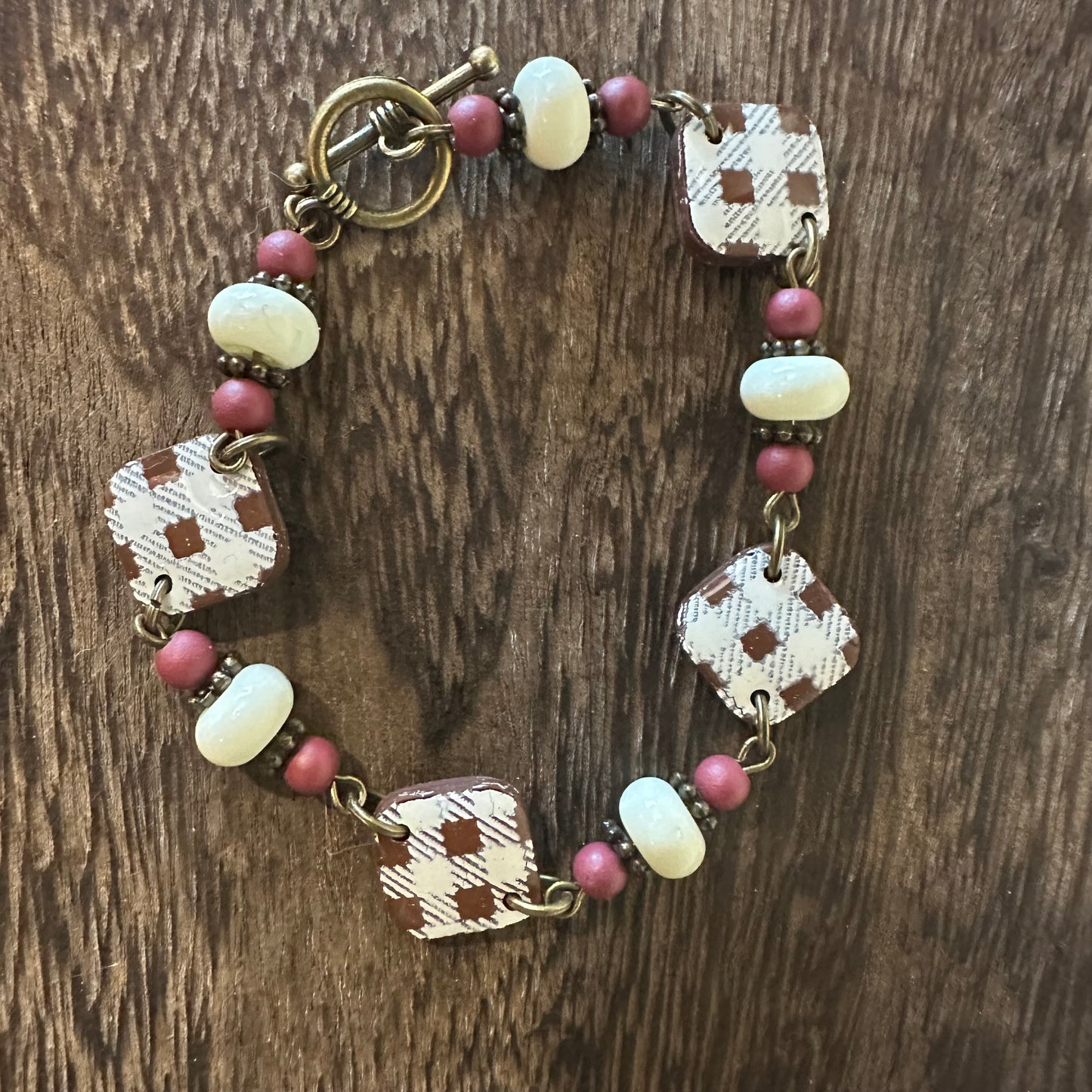 Burgundy and Plaid Beaded Bracelet