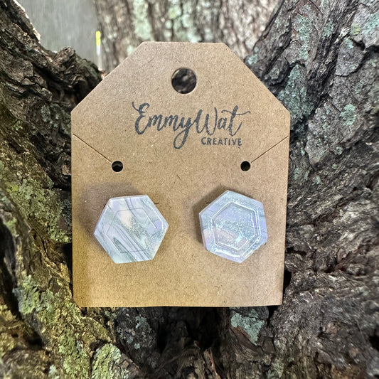 Silver Marble Swirl Hexagon Studs