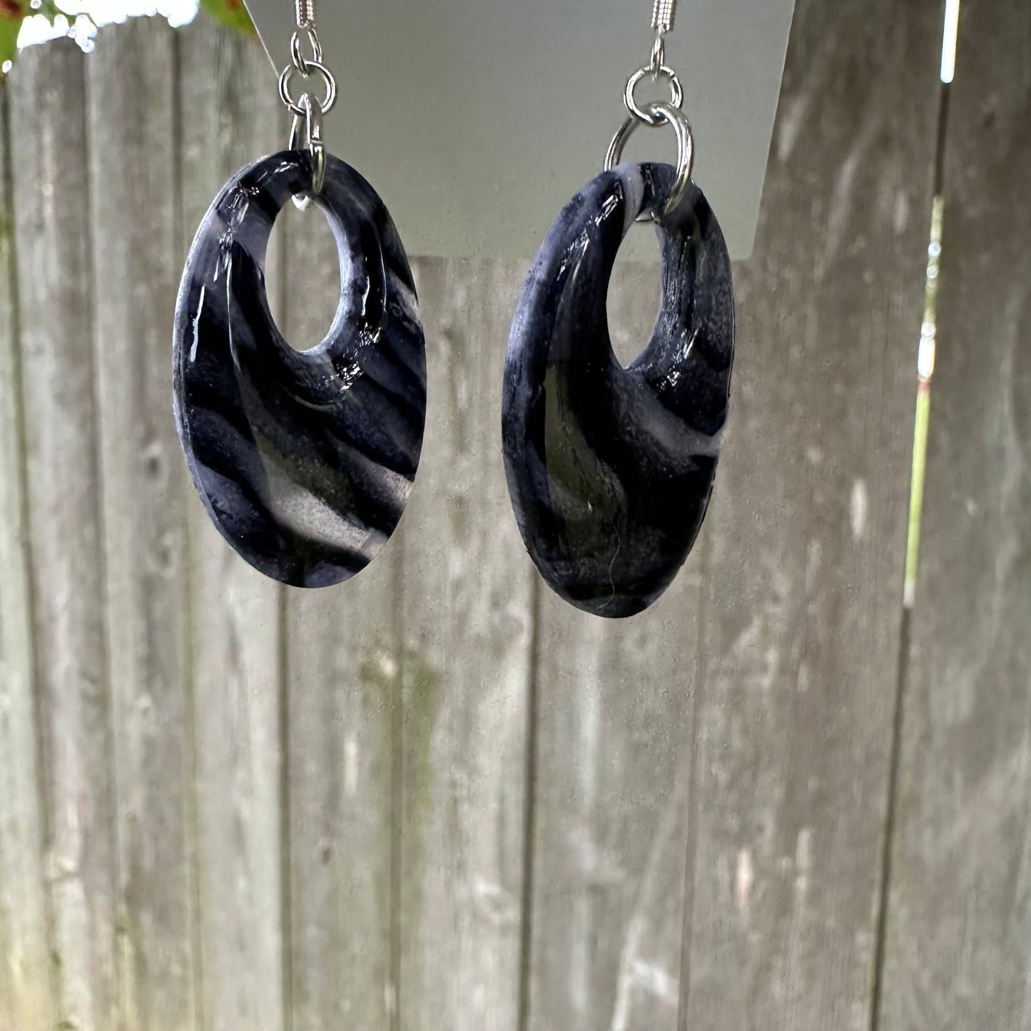 Translucent Black Marble Oval Earrings