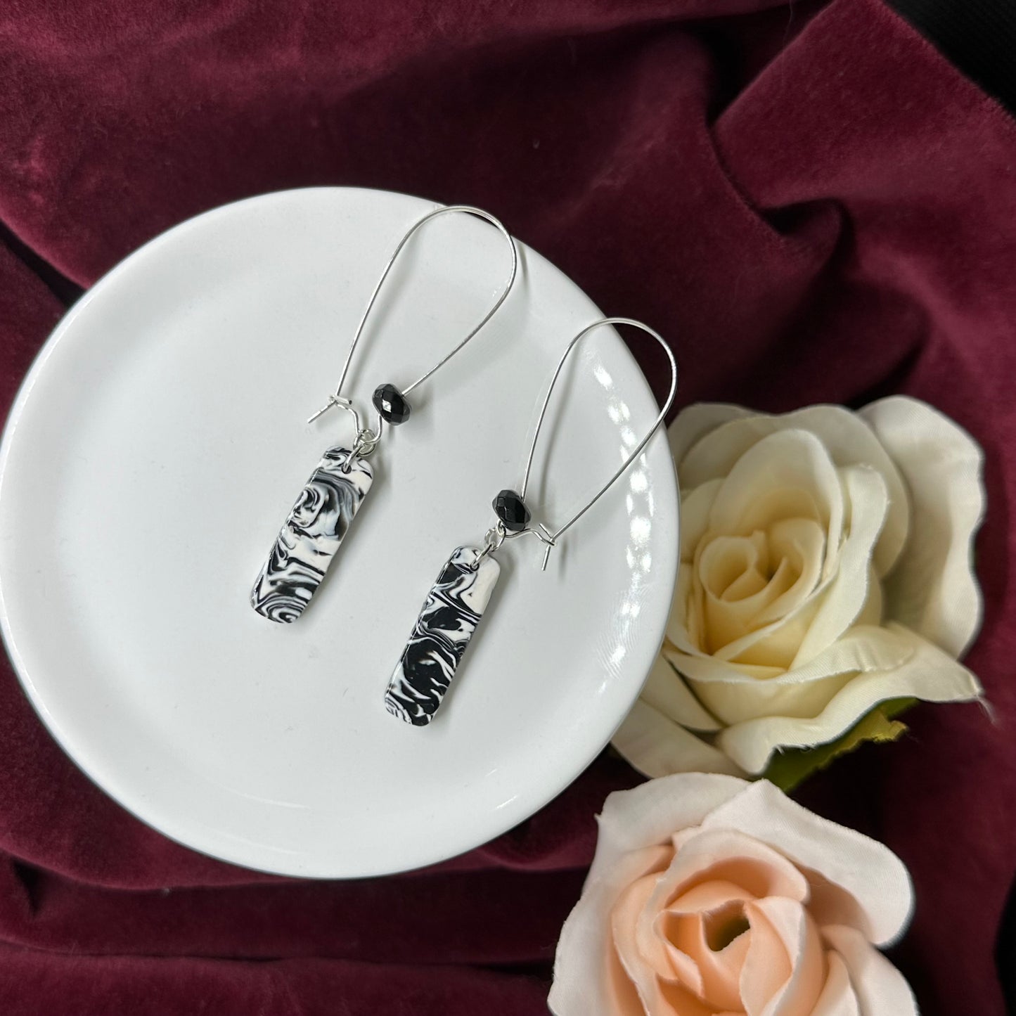 Monochrome Marble Dangle Earrings with Black Bead Detail