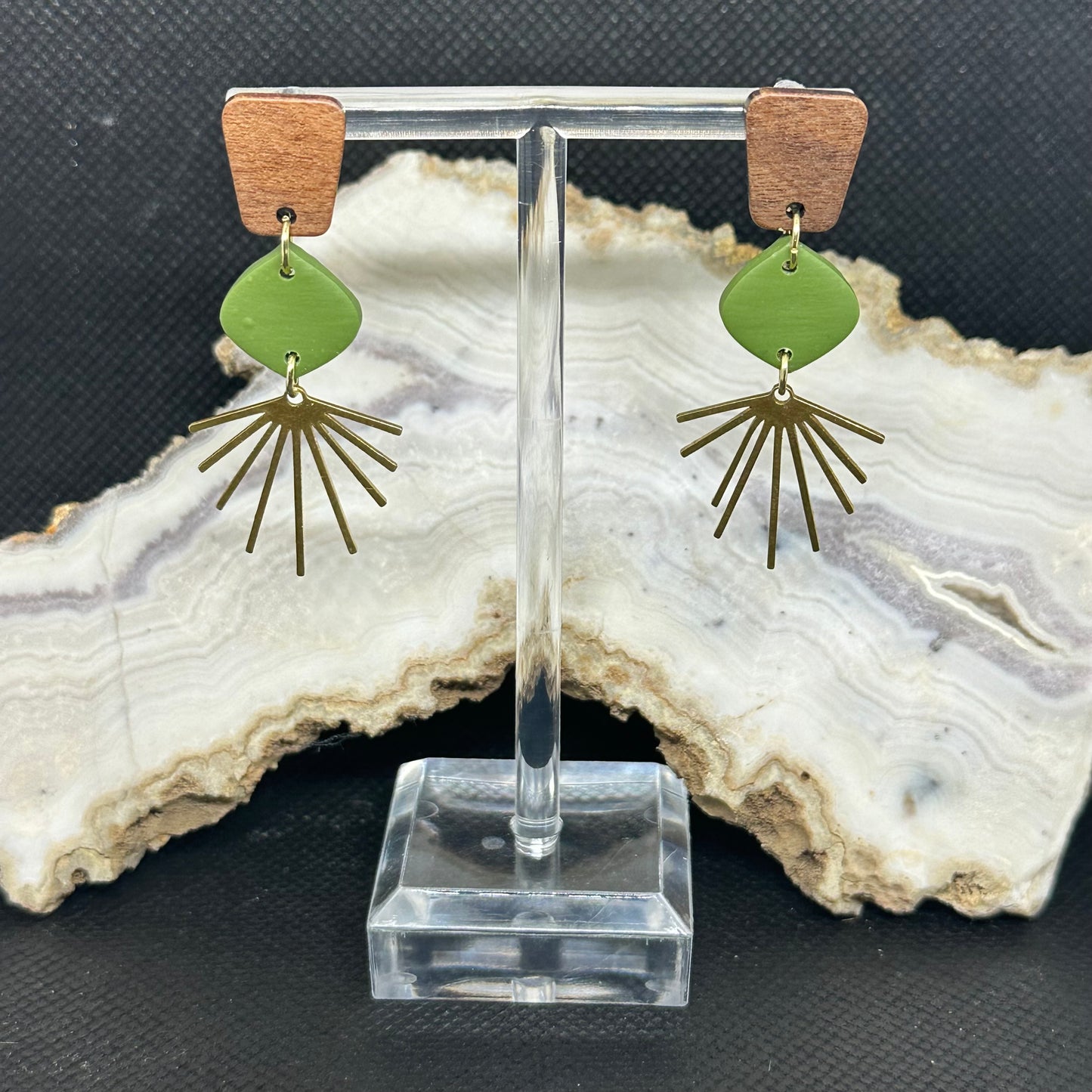 Green Geo Sunburst Dangle Earrings