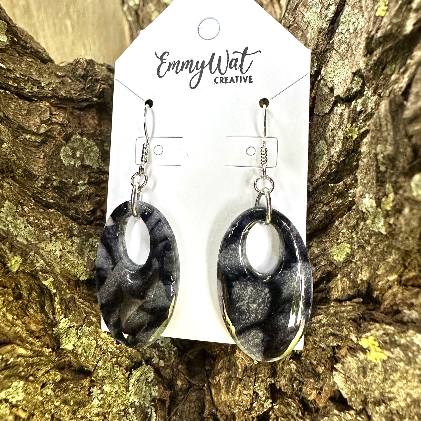 Translucent Black Marble Oval Earrings